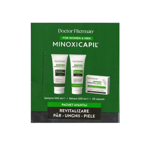 Pachet: Revitalizare par, unghii, piele, sampon + balsam + capsule Minoxicapil, Fiterman Pharma