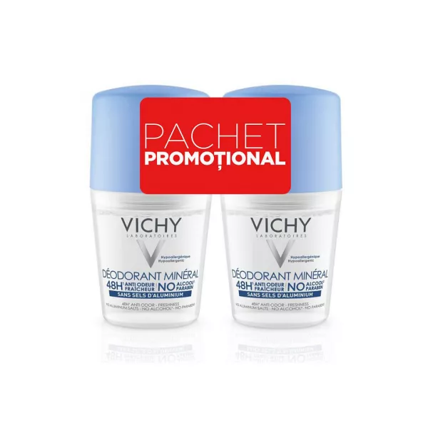 Pachet: Roll-on Deo Mineral, eficacitate 48h, 2 x 50ml, Vichy
