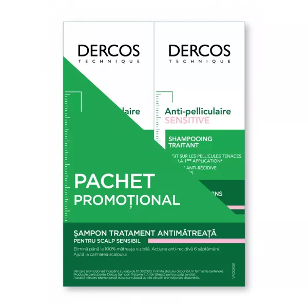 Pachet: Sampon Dercos, anti-matreata pentru scalp sensibil, 200 ml + 200 ml, Vichy