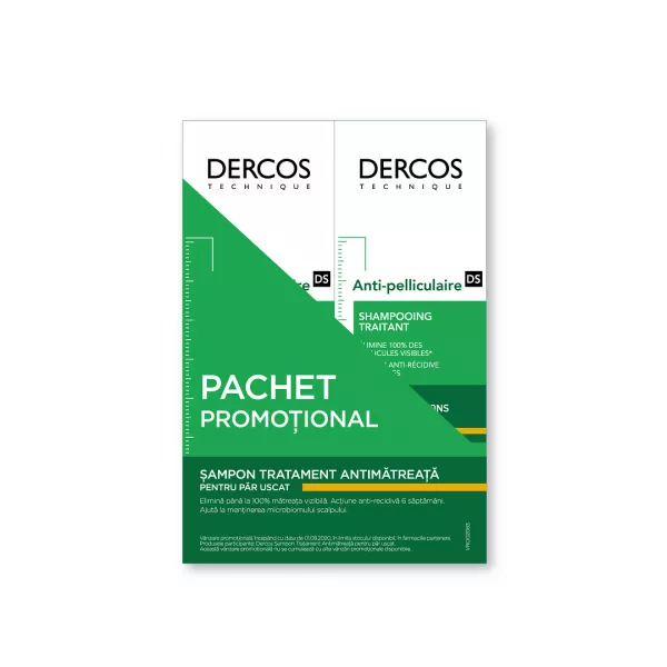 Pachet: Sampon tratament anti-matreata pentru par uscat Dercos, 200 ml + 200 ml, Vichy