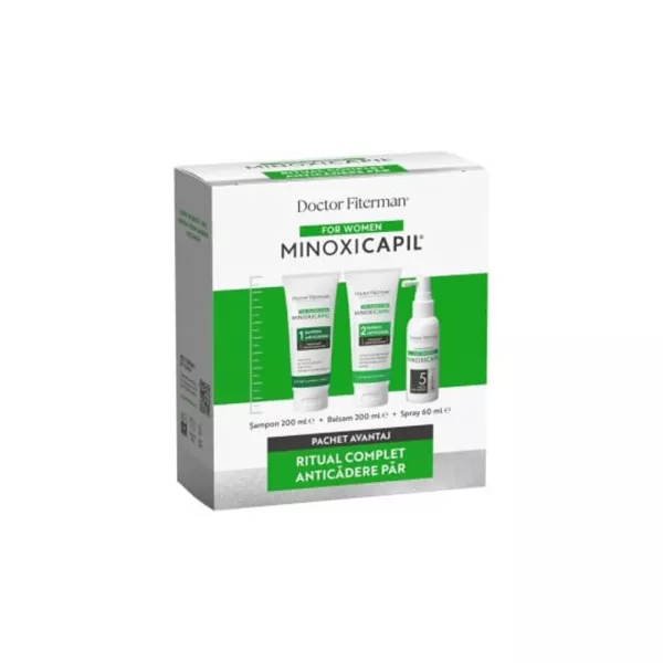 Pachet: Spray impotriva caderii parului pentru femei Minoxicapil, 60ml + Sampon impotriva caderii parului Minoxicapil, 200ml + Balsam de par Minoxicapil, 200 ml, Fiterman