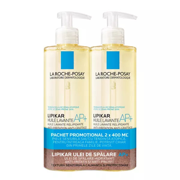 Pachet: Ulei de spalare pentru piele sensibila Lipikar AP+, 400 + 400 ml, La Roche Posay