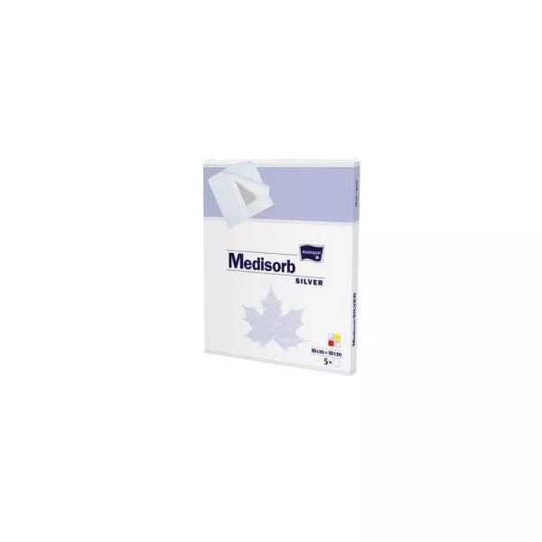 Pansament absorbant adeziv steril, Medisorb Silver cu argint, 10x10 cm, 5 bucati, Matopat