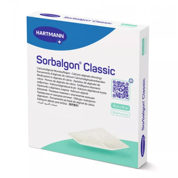Pansament hidroactiv cu fibre de alginat de calciu Sorbalgon, 10 x 10 cm, 1 cutie/10 bucati, Hartmann