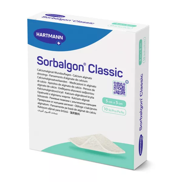 Pansament hidroactiv cu fibre de alginat de calciu Sorbalgon, 5 x 5 cm, 1 cutie/10 bucati, Hartmann