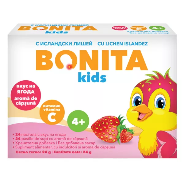 Pastile de supt cu aroma de capsuna pentru copii, 24 bucati, Bonita