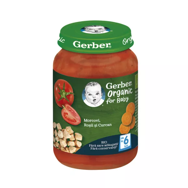 Piure Bio din morcovi, rosii si curcan, +6 luni, 190 g, Gerber
