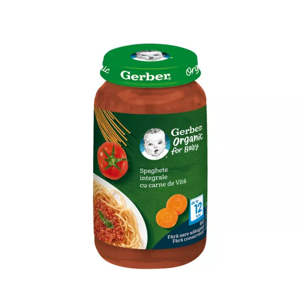 Piure bio din spaghete integrale cu carne de vita, +12 luni, 250 g, Gerber