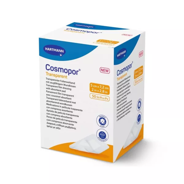 Plasture transparent cu compresa sterila Cosmopor Transparent 901051, 5 cm x 7.2 cm, 50 bucati, Hartmann
