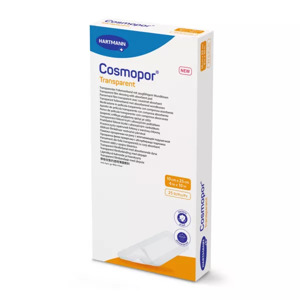 Plasture transparent cu compresa sterila Cosmopor Transparent 901059, 10 cm x 25 cm, 25 bucati, Hartmann