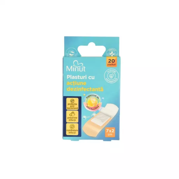 Plasturi cu actiune dezinfectanta, 7 x 2 cm, 20 bucati/cutie, Minut