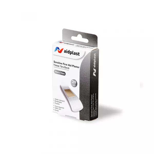 Plasturi de prim ajutor pentru Piele sensibilă 19mmx72mm Pe, 20 buc/cutie, Aidplast
