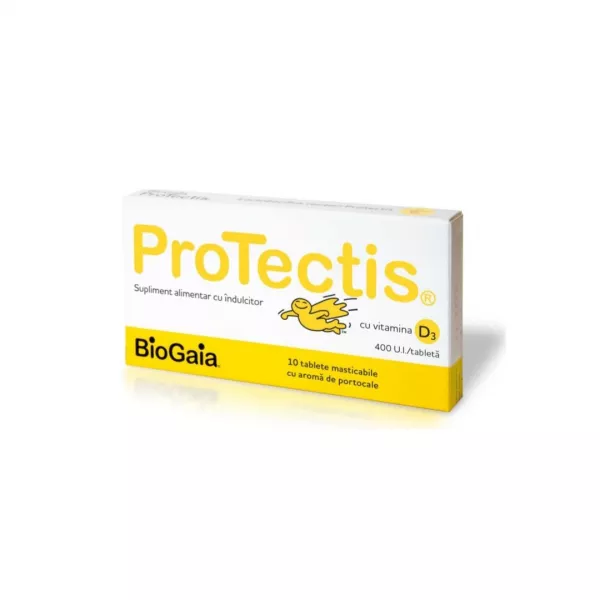 Protectis cu Vitamina D3 400UI aroma de portocale, 10 tablete masticabile, BioGaia