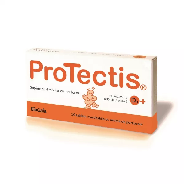 Protectis cu Vitamina D3 800UI aroma de portocale, 10 tablete, BioGaia