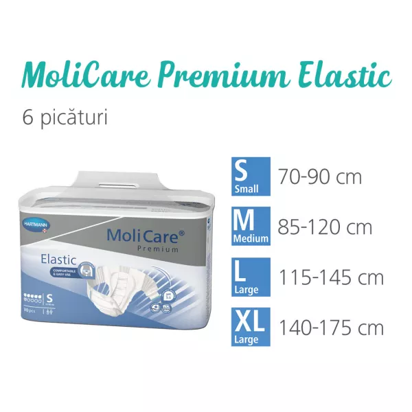 Scutece pentru incontinenta MoliCare Premium Elastic 6 picaturi, marime M, 30 bucati, Hartmann