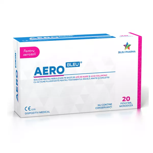 Solutie pentru nebulizare pe baza de apa si acid hialuronic Aero Bleu, 20 fiole x 5 ml, Bleu Pharma