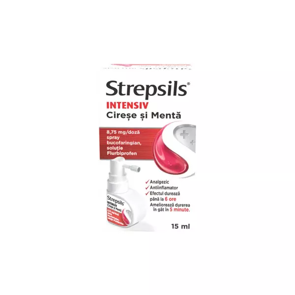 Strepsils Intensiv cirese si menta, spray bucofaringian, solutie, 8,75 mg/doza, 15 ml, Reckitt Benckiser Healthcare