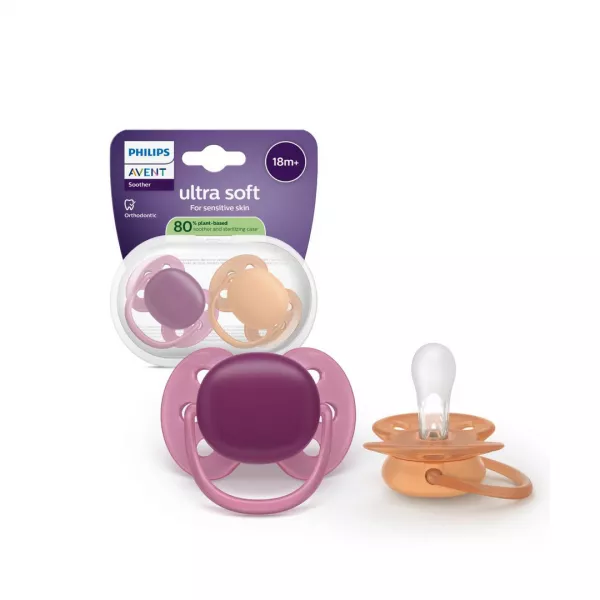 Suzeta Ultra Soft Pacifier Philips Avent, Mov/Portocaliu, 18 luni+, SCF093/03, 2 bucati, Philips