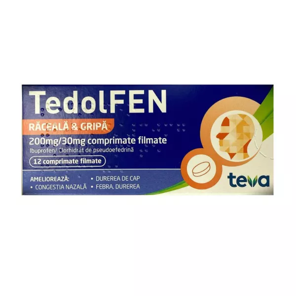 Tedolfen raceala si gripa, 200mg/30mg, 12 comprimate filmate
