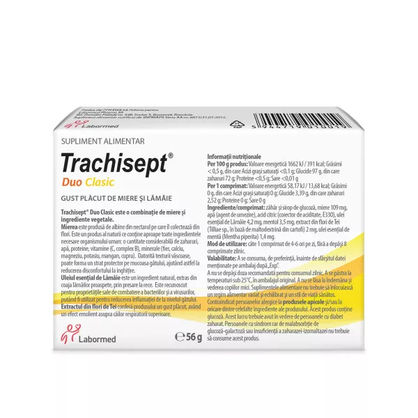 Trachisept Duo Clasic, cu miere si lamaie, 16 comprimate, Labormed