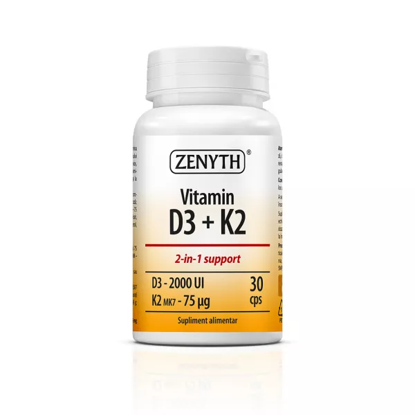 Vitamina D3 + K2, 2000 UI D3 + 75 mcg K2/capsula, 30 capsule, Zenyth