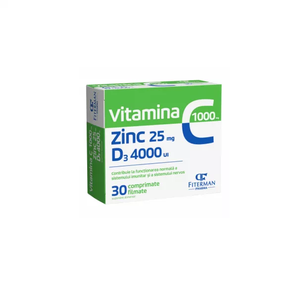 Vitamina C 1000 mg + Zn 25 mg + D3 4000UI, 30 comprimate filmate, Fiterman