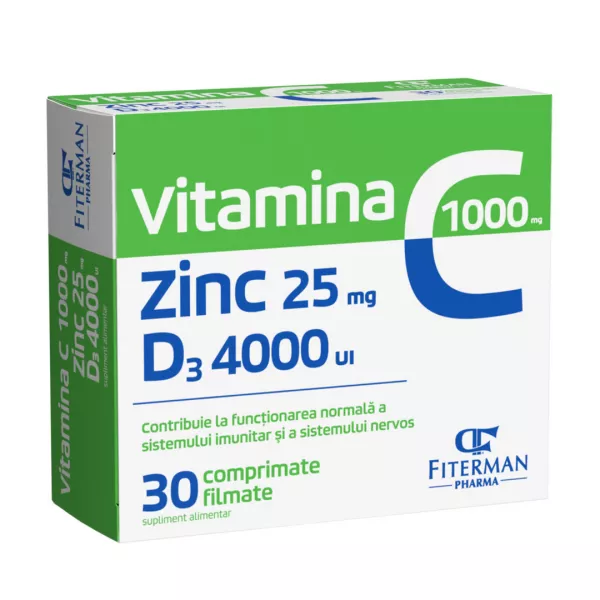 Vitamina C 1000 mg + Zn 25 mg + D3 4000UI, 30 comprimate filmate, Fiterman