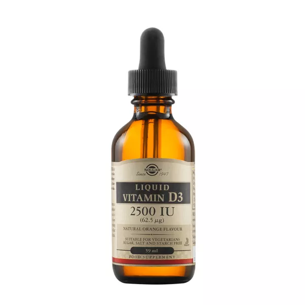 Vitamina D3 lichida 2500 UI 62,5 mcg cu aroma de portocala, 59 ml, Solgar