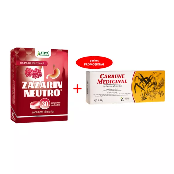 Zazarin neutro zmeura + Carbune medicinal, 30 capsule, Adya