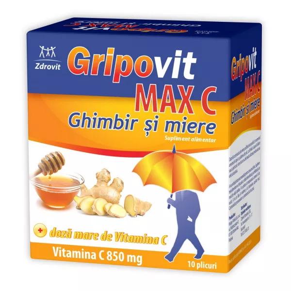 Gripovit Max C ghimbir si miere, 10 plicuri, Zdrovit