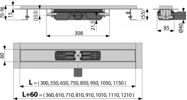 Canal de scurgere pentru dus cu margine pentru gratar perforat, Alca Plast APZ101-950 (gratarul nu este inclus)