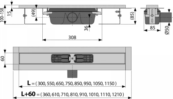 Canal de scurgere pentru dus cu margine pentru gratar perforat, Alca Plast APZ1-950 (gratarul nu este inclus)