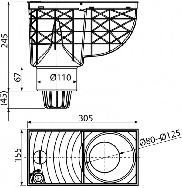 Racord de burlan cu clapeta si cos de colectare cu iesire verticala, Alca Plast AGV1, negru, 300×155\110 mm