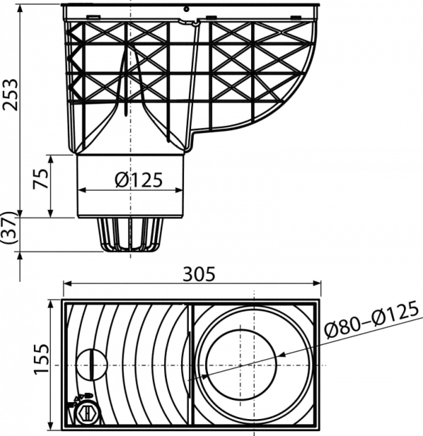 Tigla metalica si accesorii - Racord de burlan 300×155\125 mm cu clapeta si cos de colectare cu iesire verticala, Alca Plast AGV2, negru, bilden.ro