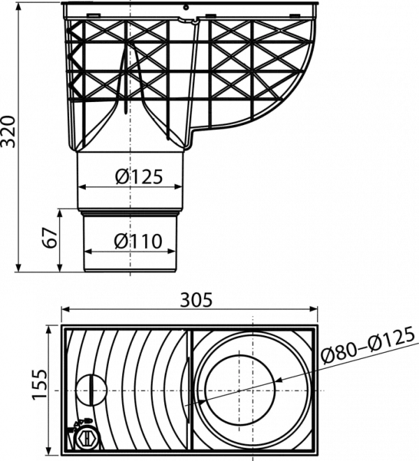 Tigla metalica si accesorii - Racord de burlan cu clapeta si cos de colectare cu iesire verticala, Alca Plast AGV4, negru, 300×155125110 mm, bilden.ro