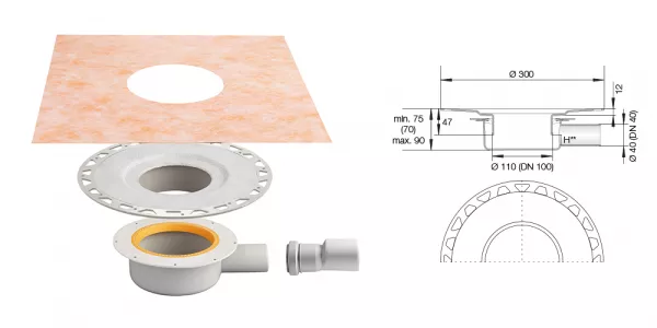 Sifoane de pardoseala cu gratar din otel inoxidabil - Sifon baie cu guler hidroizolator si iesire laterala, Schluter®-KERDI-DRAIN-BASE, Dn4050, 0.4 ls, H 75(70)mm, bilden.ro