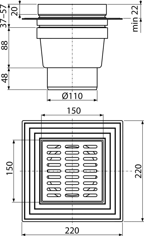 Sifoane de pardoseala cu gratar din otel inoxidabil - Sifon pardoseala cu iesire verticala si gratar din otel inoxidabil, Alca Plast APV13, 150×150110 mm, bilden.ro