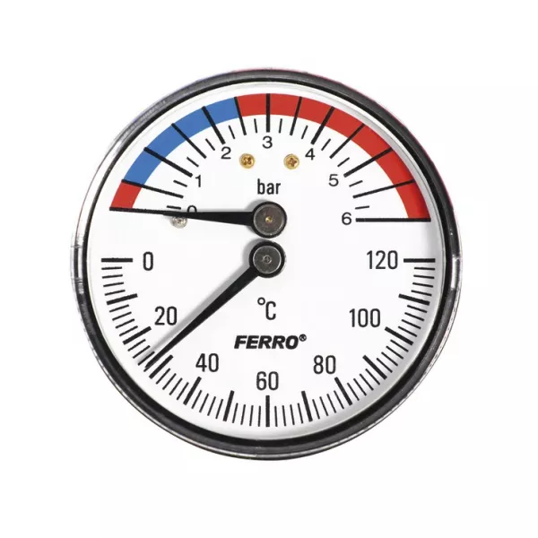 Apometre, manometre si termometre  - Termomanometru, Ferro, D.63 mm 1\2" axial, 0-6 bari, 120°C, bilden.ro