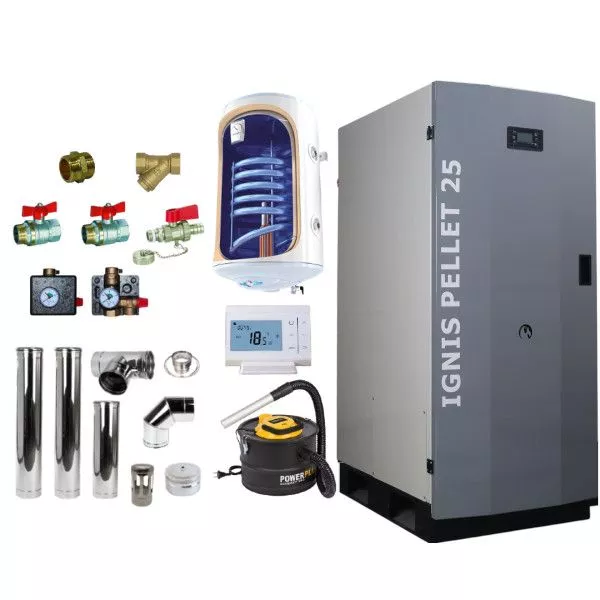 Pachet centrala peleti Ignis Pellet 25, boiler 100l, termostat wireless, kit evacuare, aspirator cenusa, kit montaj