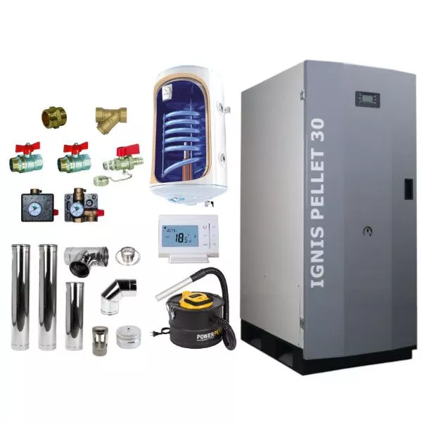 Pachet centrala peleti Ignis Pellet 30, boiler 100l, termostat wireless, kit evacuare, aspirator cenusa, kit montaj