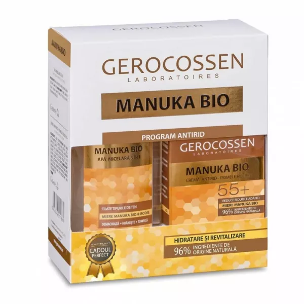 Set cadou crema antirid 55+ cu miere Manuka Bio 50ml + Apa micelara 3 in 1 cu miere Manuka Bio 300ml * 1 bucata