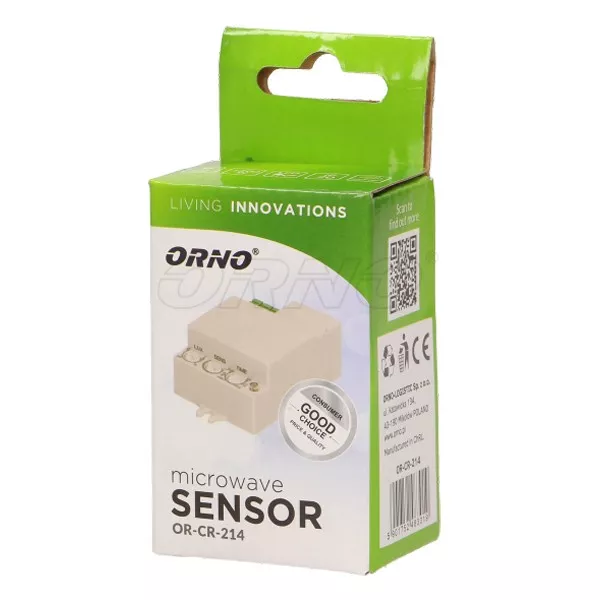 Mini senzor de miscare ORNO OR-CR-214, unghi detectie 180°/360°, 1200W, 230V, IP20, alb