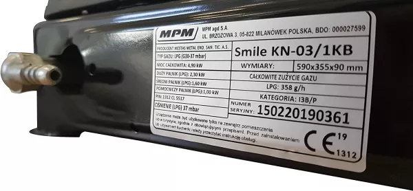 Aragaz camping MPM SMILE-KN-03/1KB, 3 ochiuri, 4,9 kW, 358 g / h, G30-37 mbar, emailat, negru