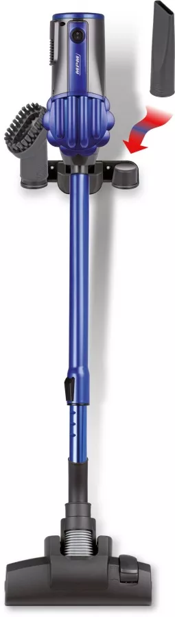 Aspirator vertical fara sac 2 in 1 MPM MOD-34, 600 W, 0.7l, filtrare in 3 etape, tub telescopic din aluminiu, cablu 7 m, Albastru/Negru