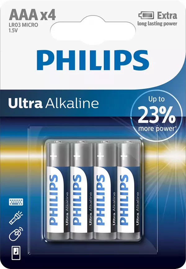 Baterie Philips Ultra Alkaline LR03E4B/10, tip AAA, 1.5V, set 4 bucati