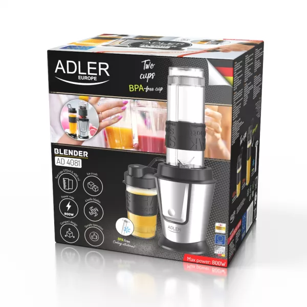 Blender Adler AD 4081, 800 W, 20000 RPM, 4 cutite, 2 recipiente, negru/argintiu