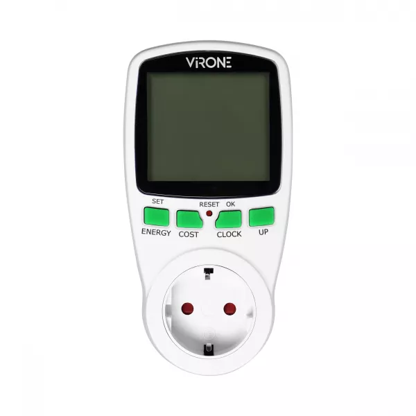 Calculator de energie cu afisaj LCD VIRONE EM-1(GS), 3680W, 16A, schuko, baterie incorporata, 2 tarife, alb