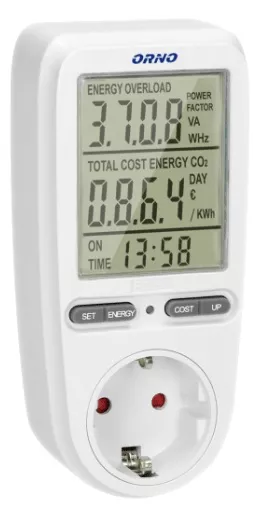 Calculator de energie cu afisaj LCD ORNO OR-WAT-435(GS), schuko, 3680W, IP20, 16A, 230V, alb