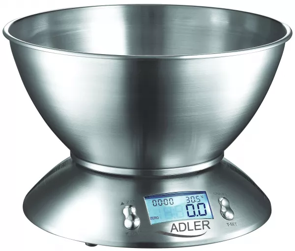 Cantar de bucatarie Adler AD 3134, maxim 5 kg, precizie 1 g, functie conversie, afisaj LCD, functia TARE, bol 1.8 L, alarma, termometru, argintiu