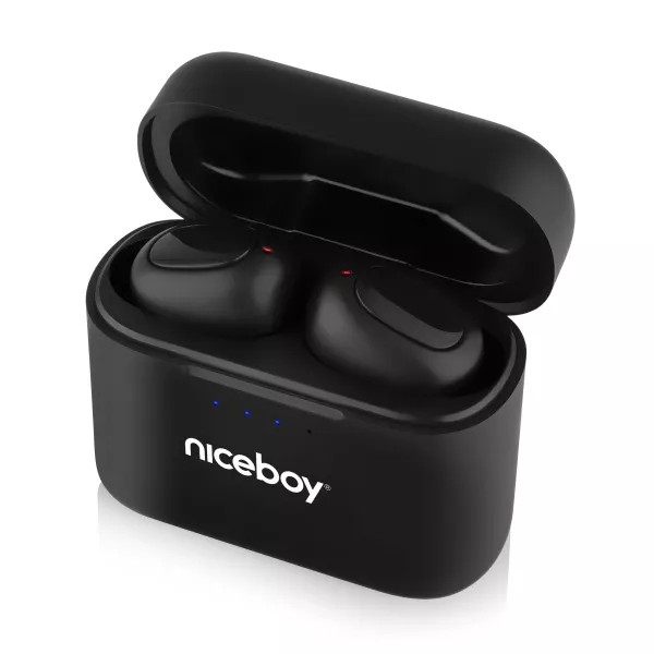 Casti audio in-ear Niceboy HIVE Podsie 3, True Wireless, Bluetooth 5.1, Noise Reduction, Microfon, asistent vocal, mod Gaming, aplicatie mobila, control tactil, IP54, incarcare rapida, autonomie de pana la 35 ore, negru